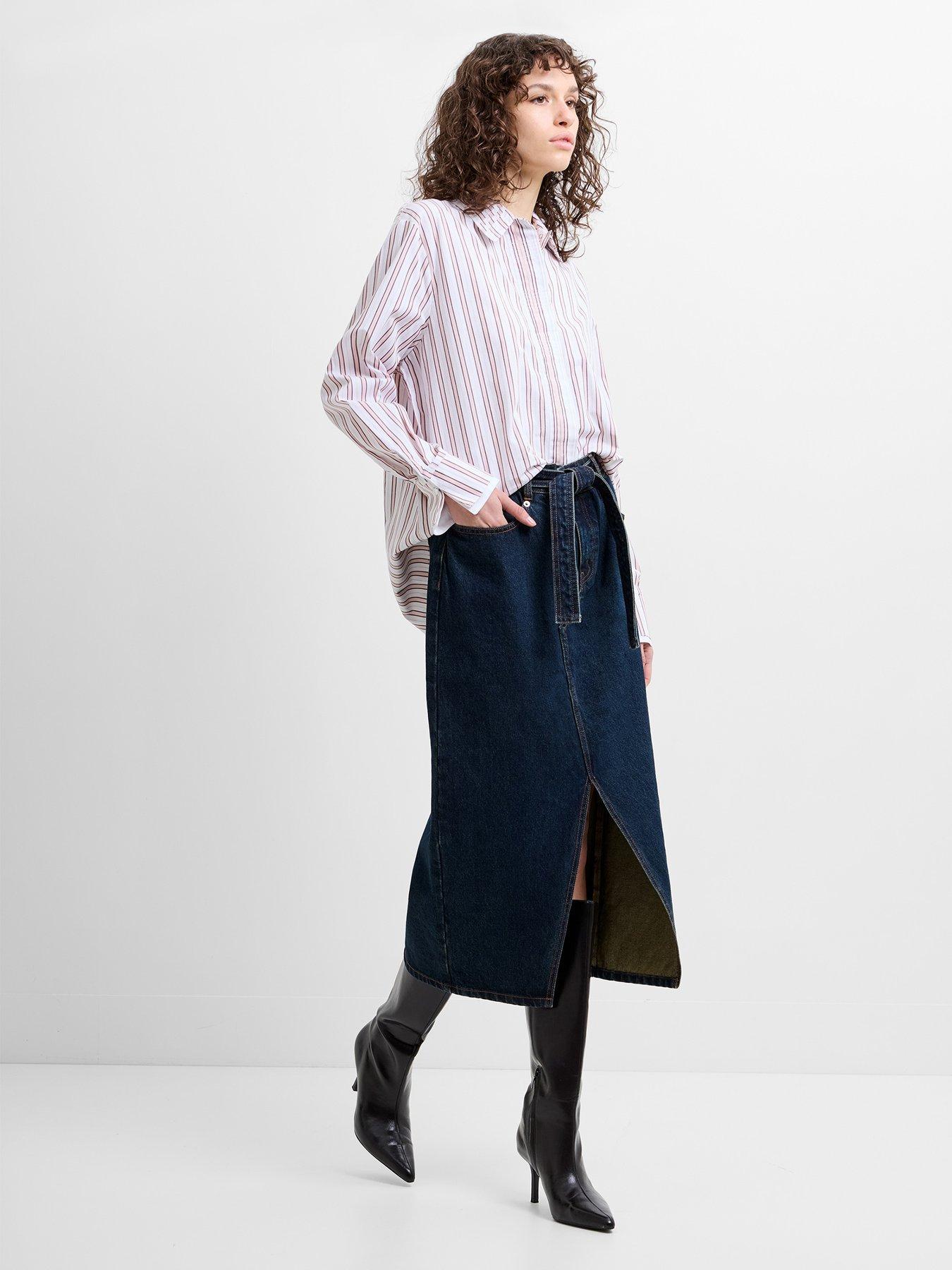 Image 4 of 5 of French Connection Cotton Belted Front Slit Denim Midi Skirt