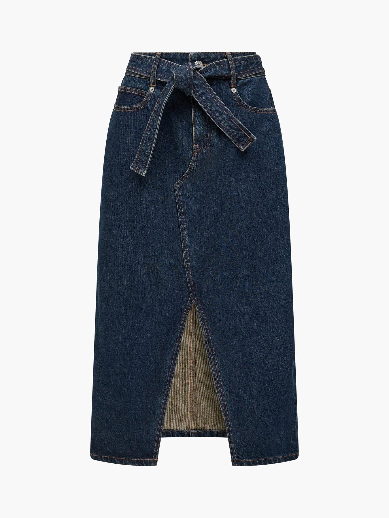 Image 5 of 5 of French Connection Cotton Belted Front Slit Denim Midi Skirt