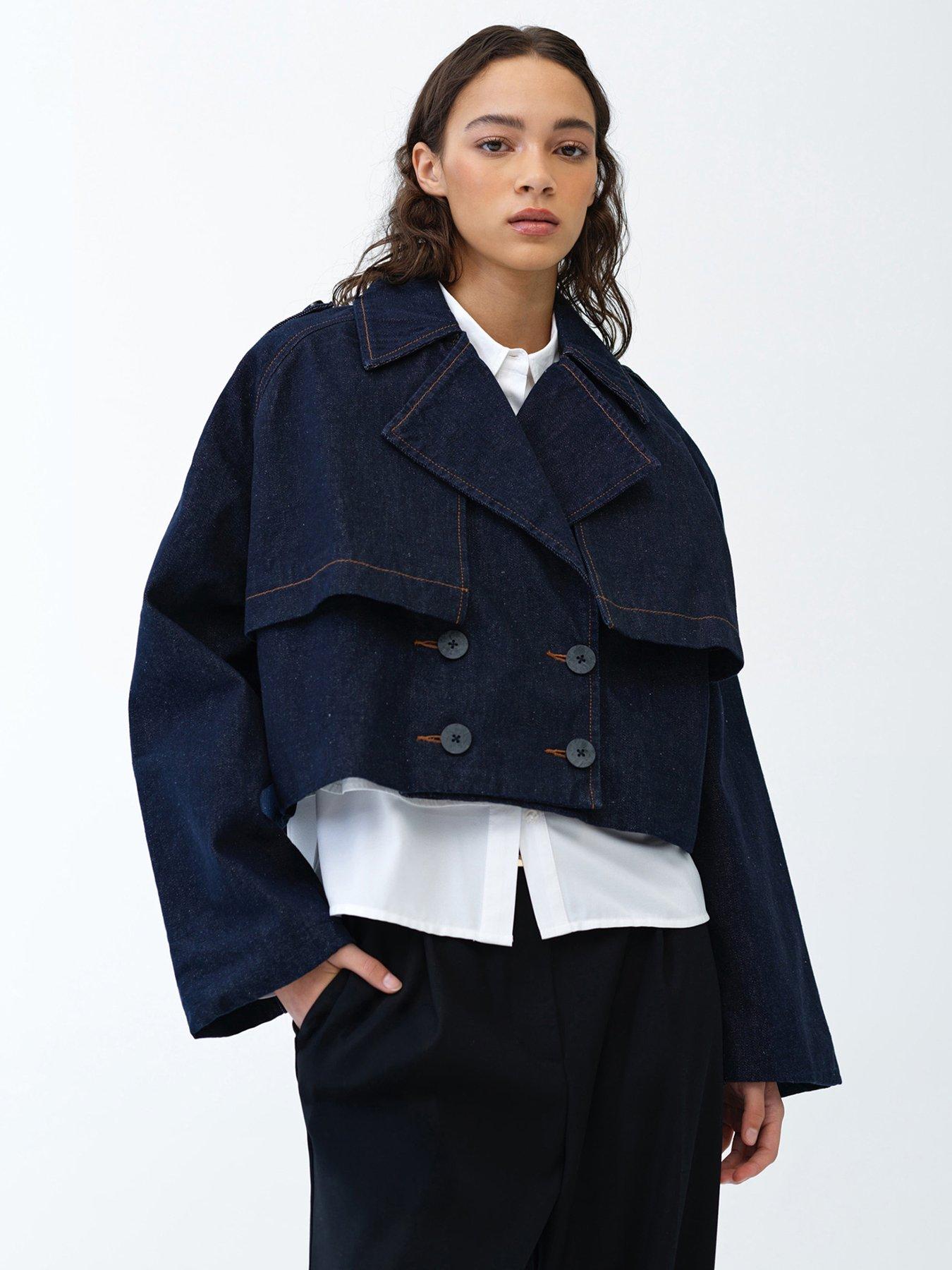Image 1 of 5 of French Connection Cotton Blend Double-breasted Denim Cropped Trench Jacket