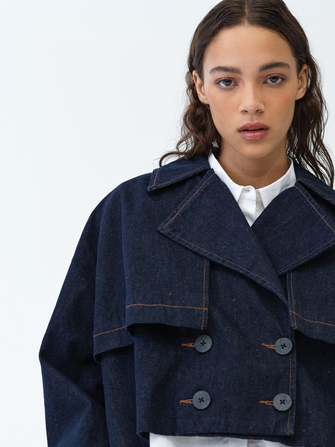 Image 3 of 5 of French Connection Cotton Blend Double-breasted Denim Cropped Trench Jacket