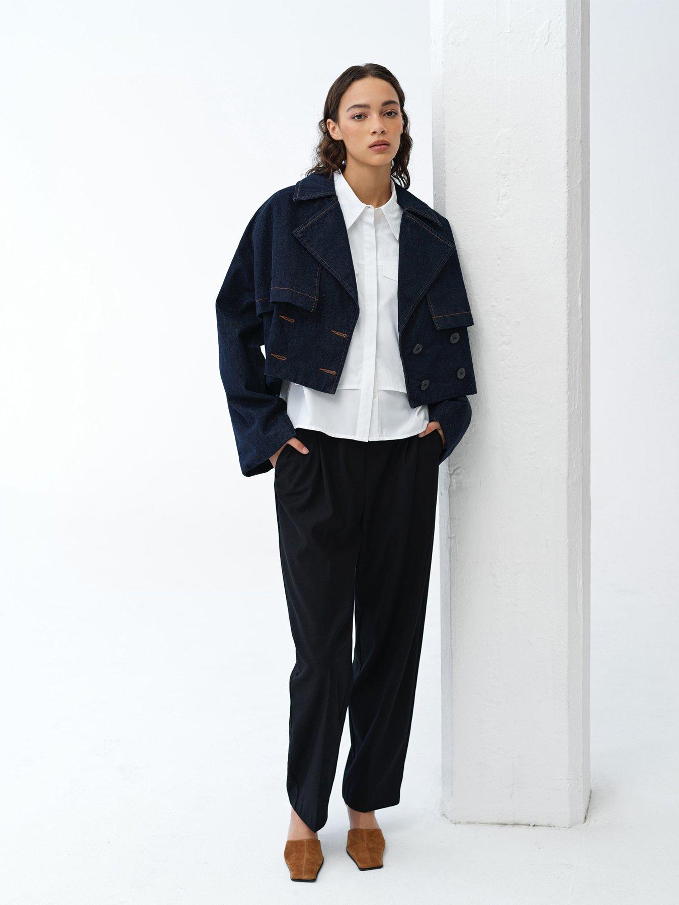 Image 4 of 5 of French Connection Cotton Blend Double-breasted Denim Cropped Trench Jacket