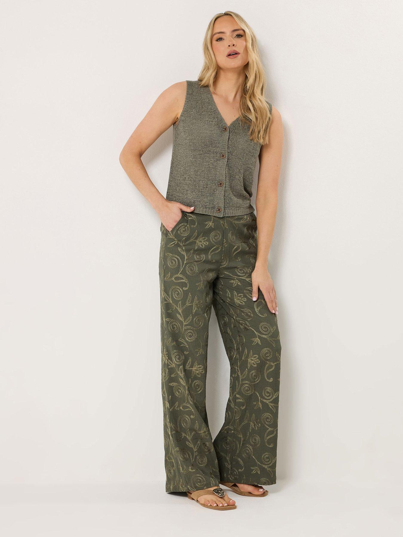 Long Tall Sally Floral Embroidered Wide Leg Trousers 36" - Green