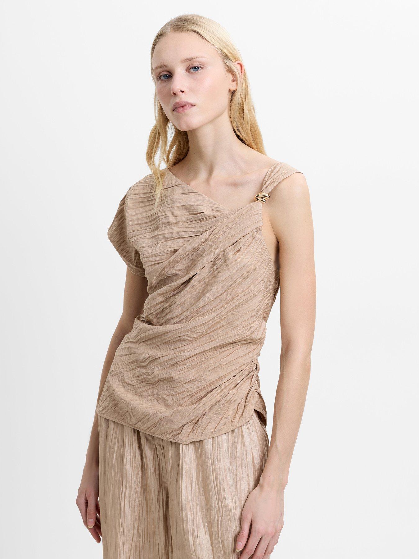 French Connection Crinkle Asymmetric Draped Top - Beige