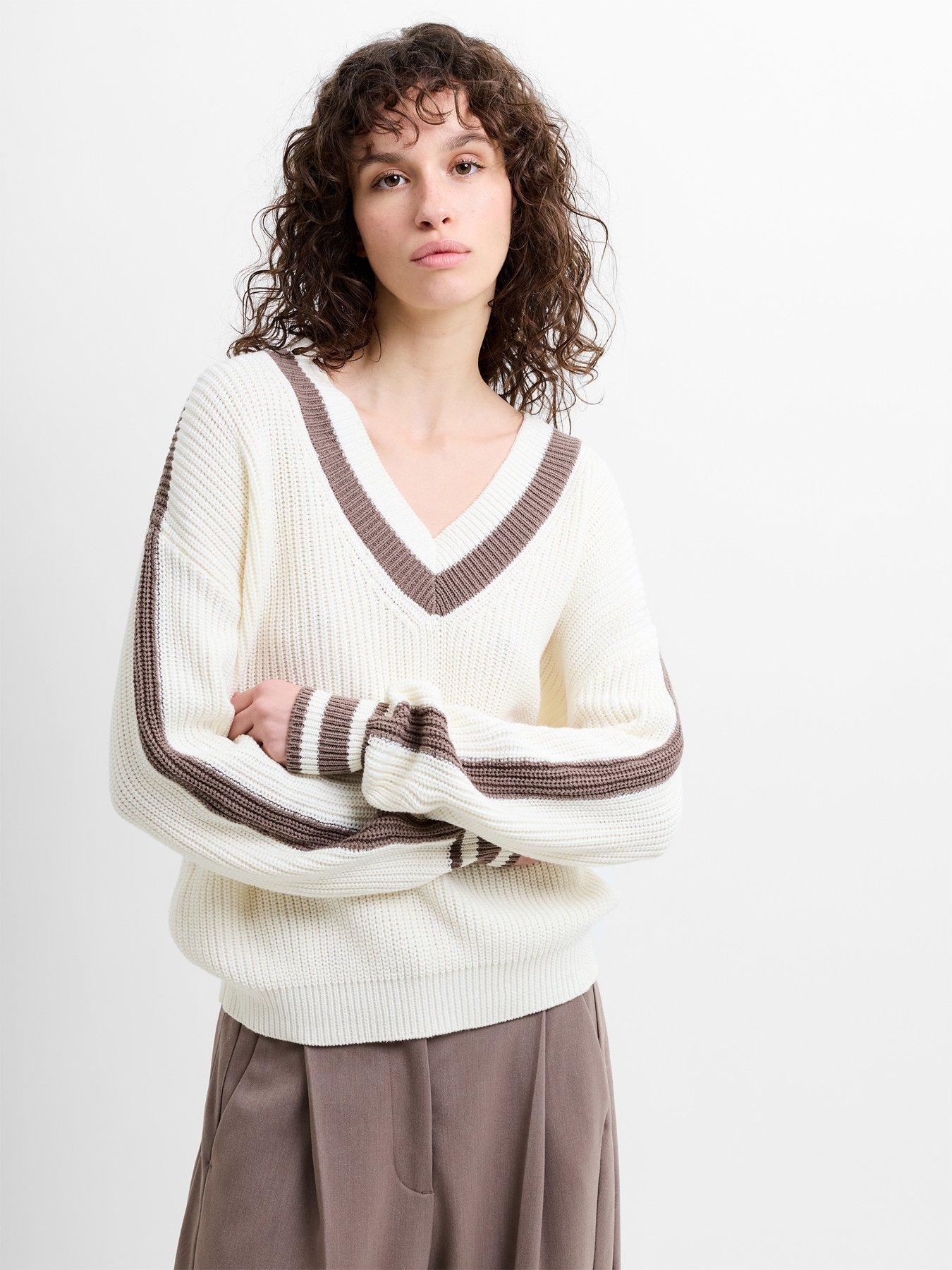 French Connection V-Neck Varsity Knit Jumper - White