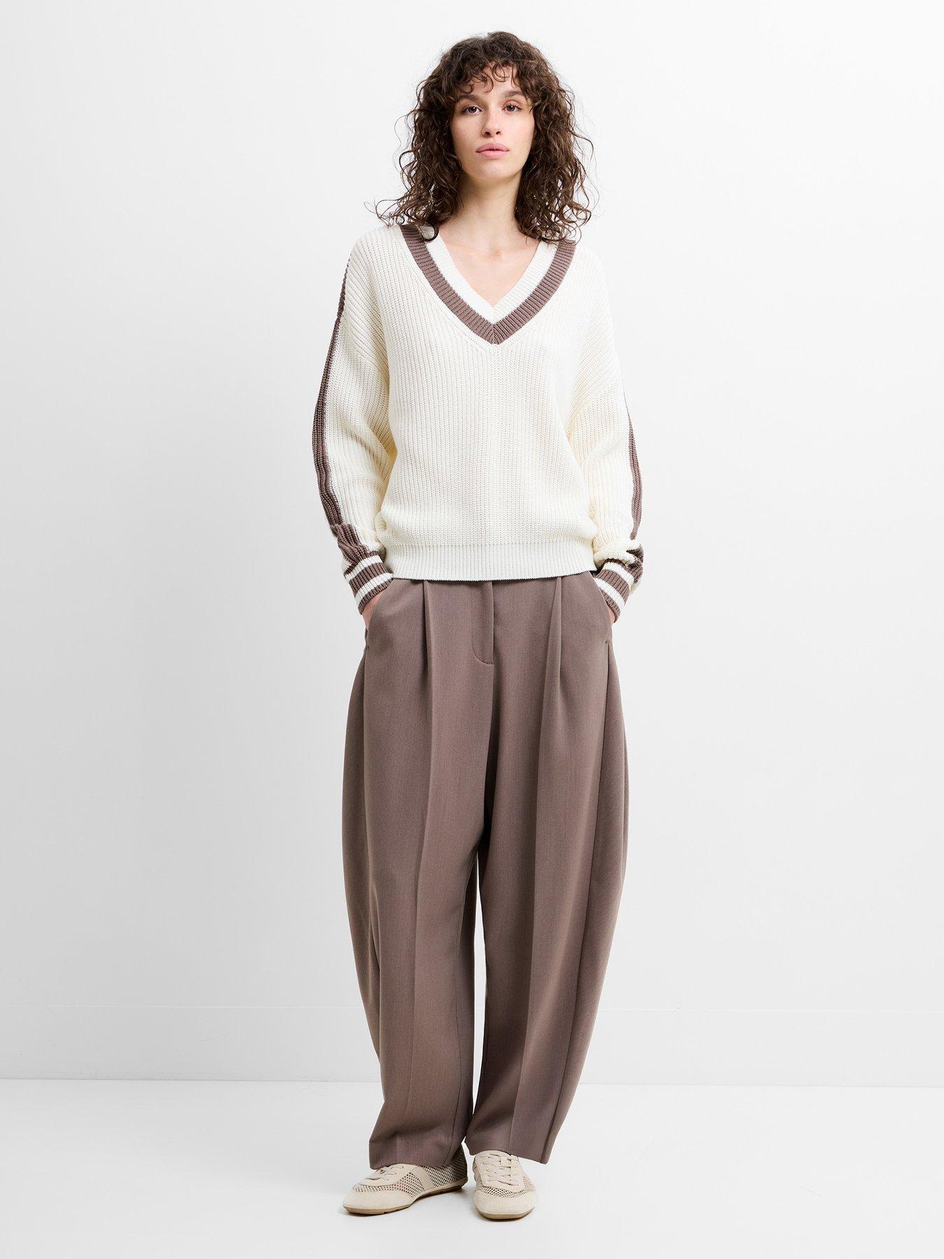 Image 2 of 5 of French Connection V-Neck Varsity Knit Jumper - White