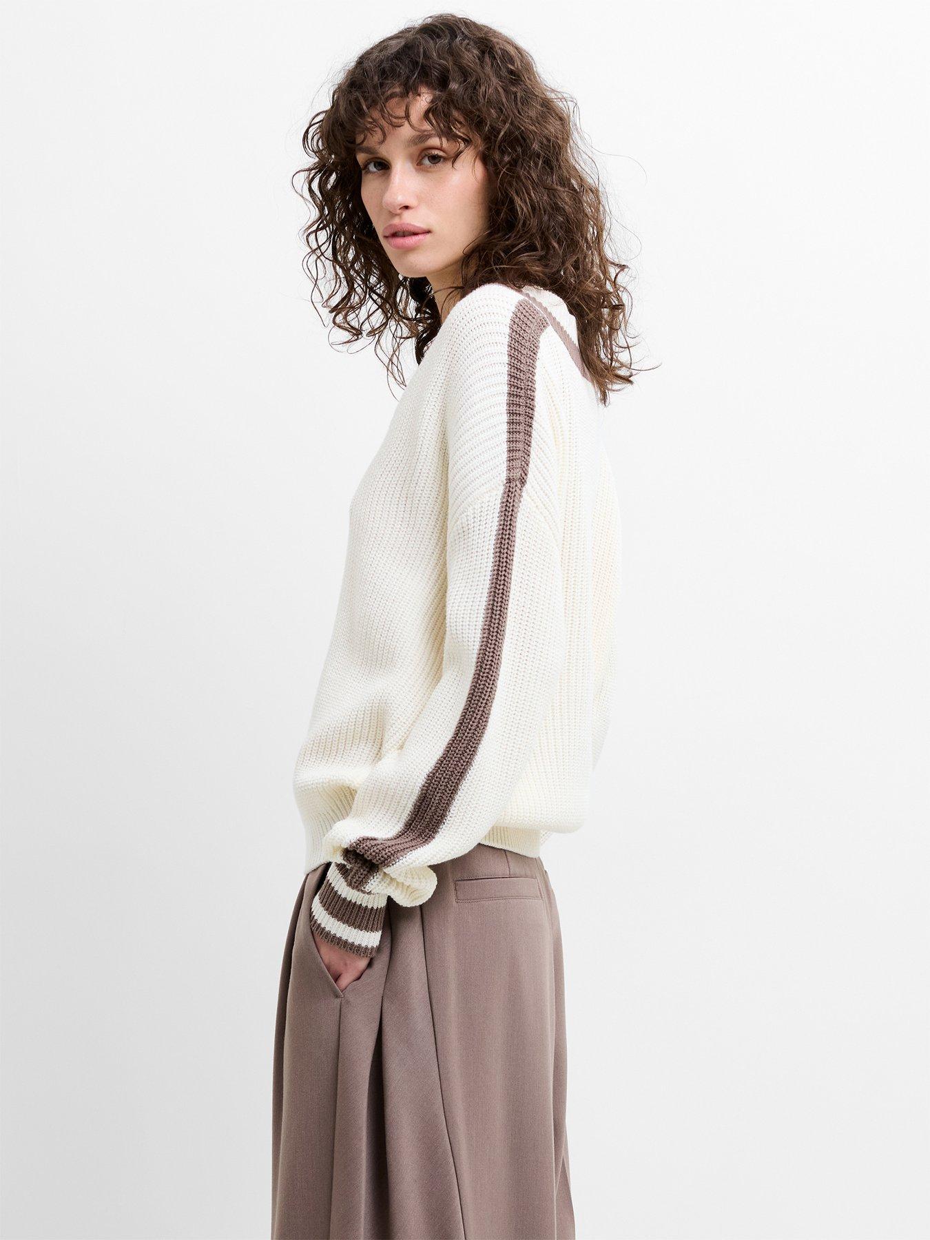 Image 4 of 5 of French Connection V-Neck Varsity Knit Jumper - White