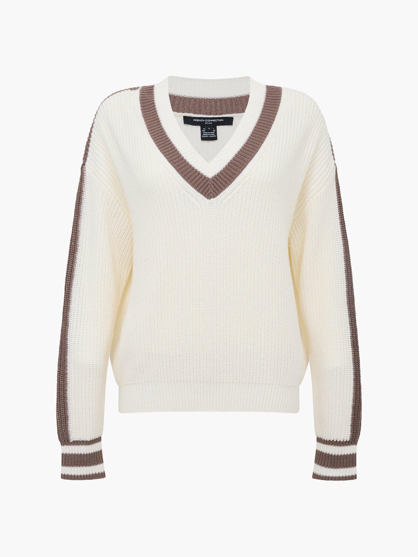 Image 5 of 5 of French Connection V-Neck Varsity Knit Jumper - White