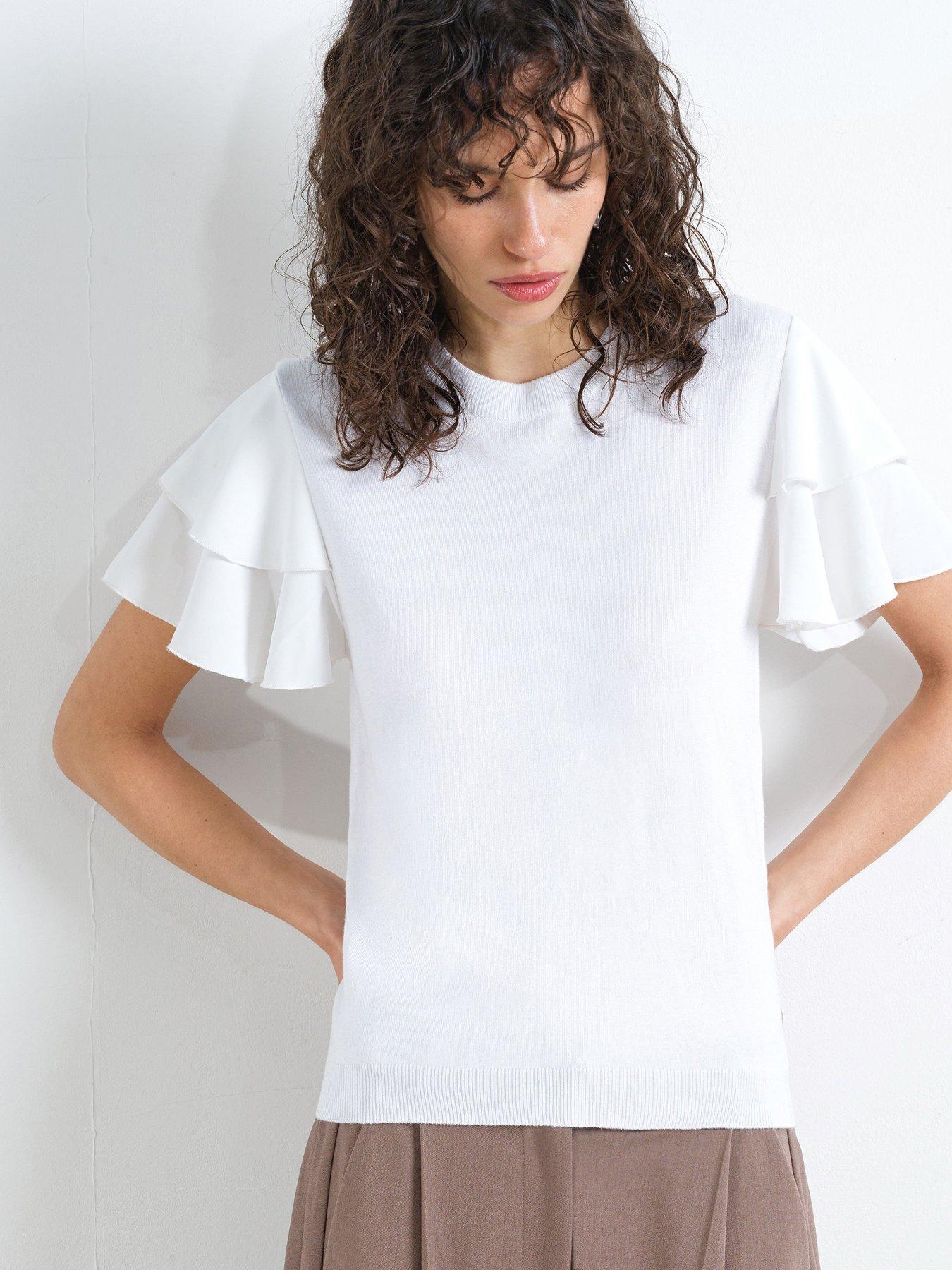French Connection Crew Neck Ruffle Sleeve Top