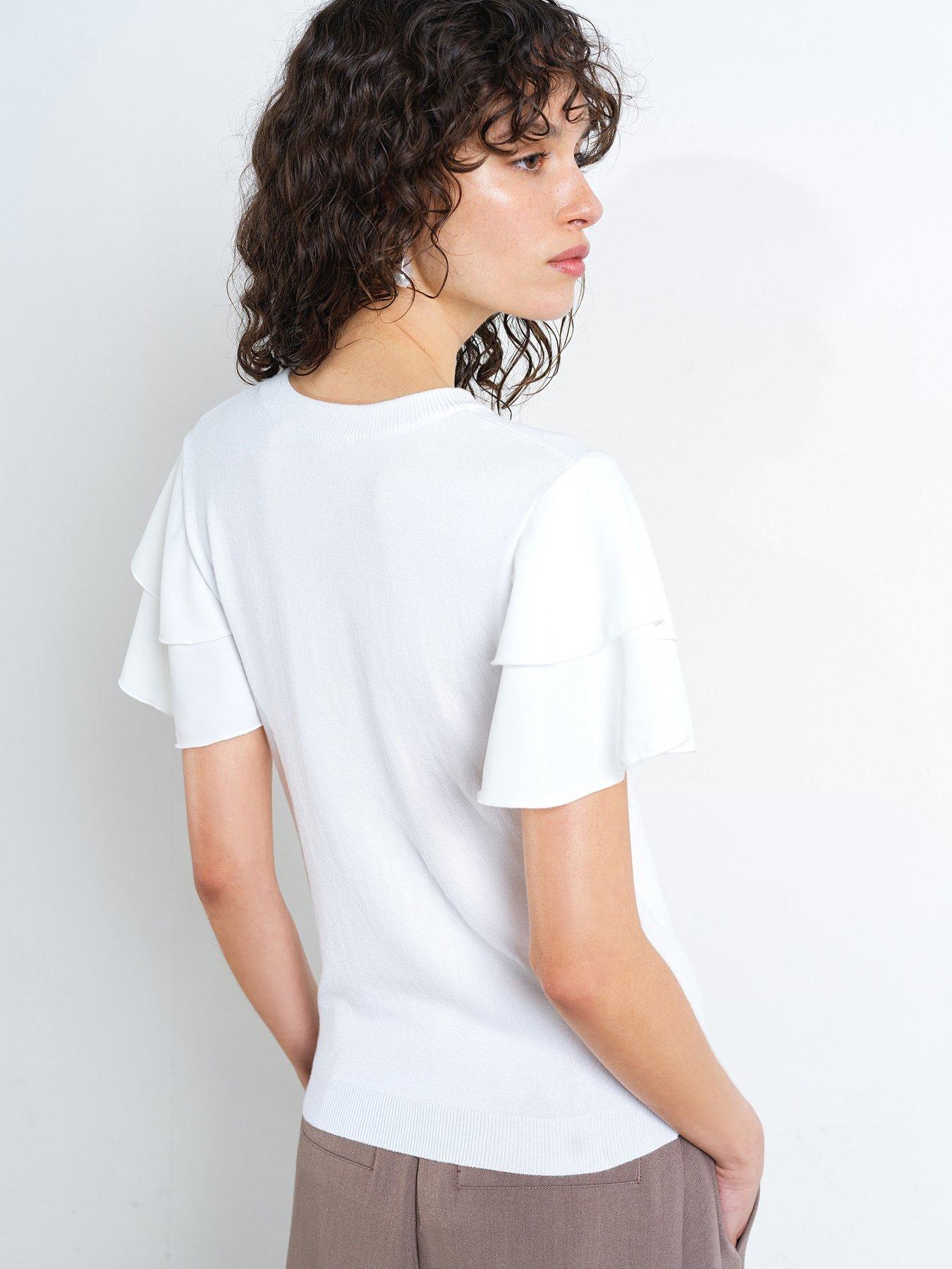 Image 2 of 5 of French Connection Crew Neck Ruffle Sleeve Top - White