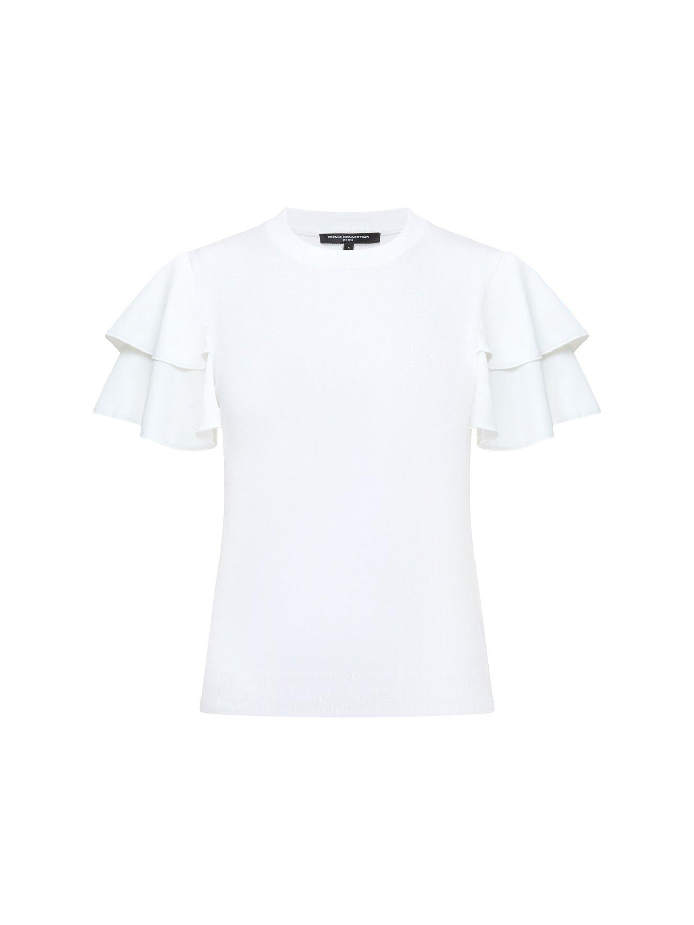 Image 5 of 5 of French Connection Crew Neck Ruffle Sleeve Top - White