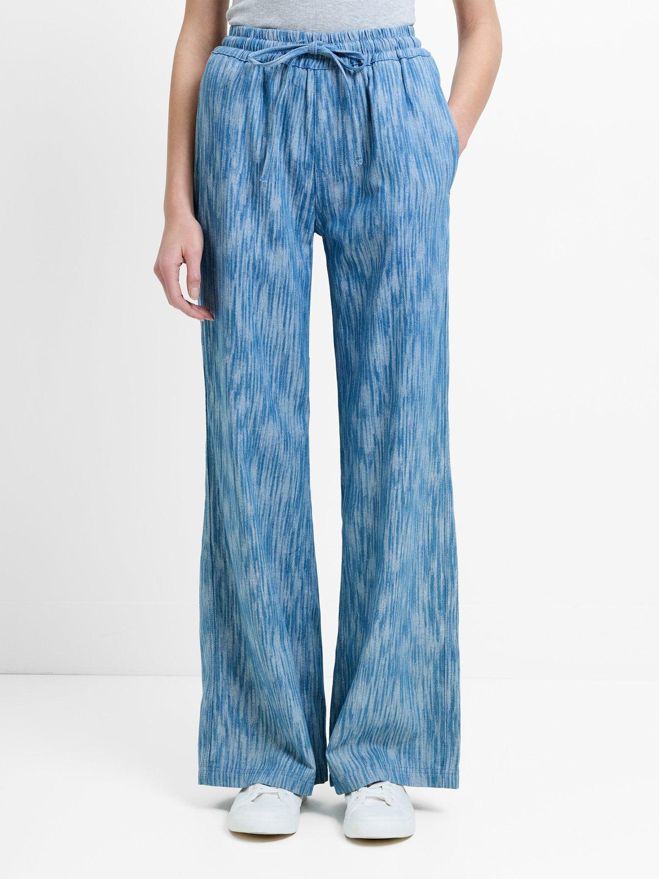 Image 1 of 5 of French Connection Cotton Blend Textured Denim-style Wide Leg Elasticated Trousers