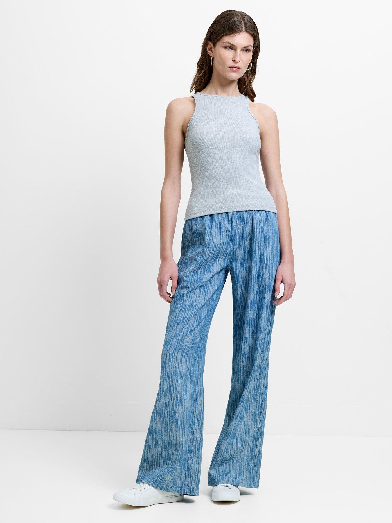 Image 2 of 5 of French Connection Cotton Blend Textured Denim-style Wide Leg Elasticated Trousers