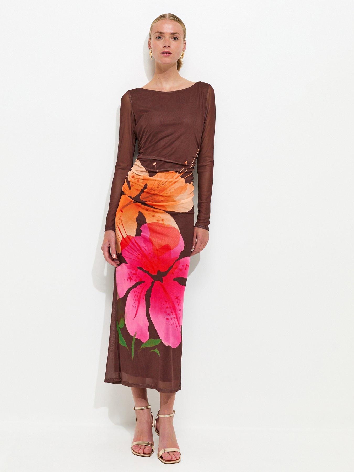New Look Orchid Mesh Long Sleeve Midi Dress - Brown