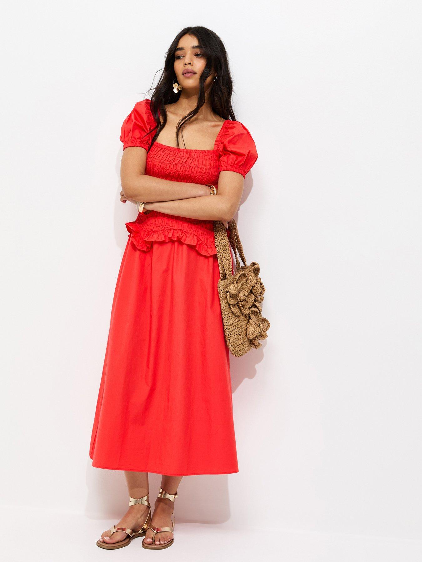 New Look Shirred Dropped Waist Midi Dress - Light Coral | Very
