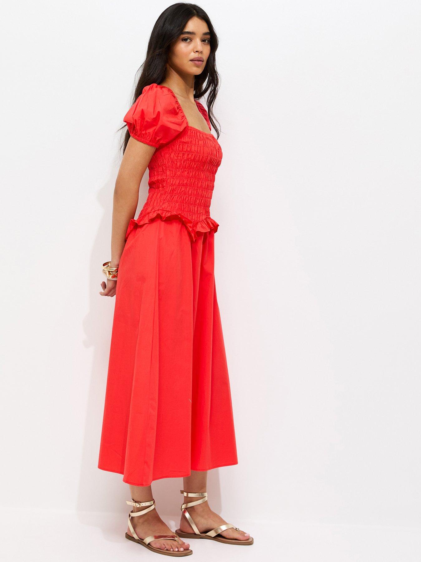 sachin and babi light blue dress New Look Shirred Dropped Waist Midi Dress - Light Coral