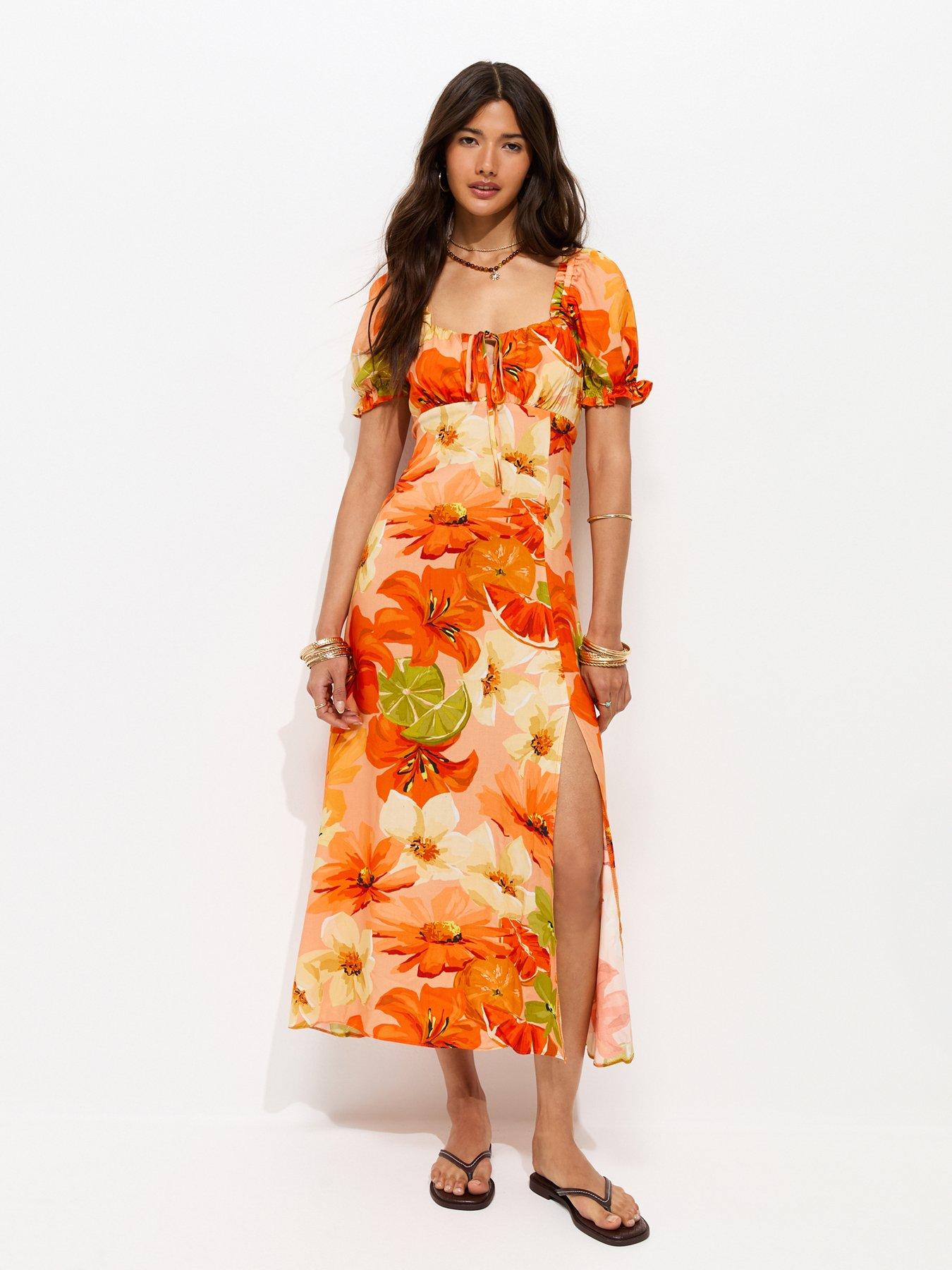 new look orange floral dress New Look Floral Puff Sleeve Midi Dress - Orange