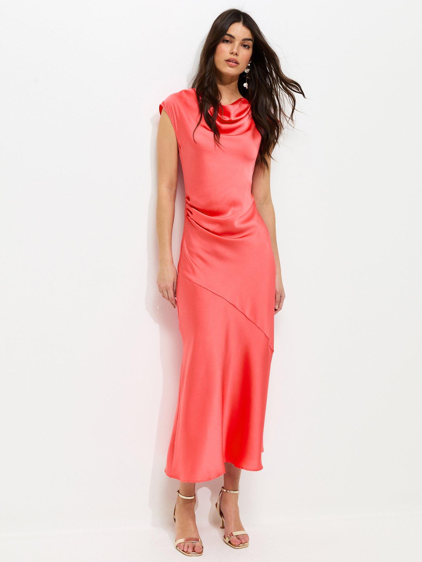 New Look Relaxed Satin Cowl Neck Midi Dress - Coral