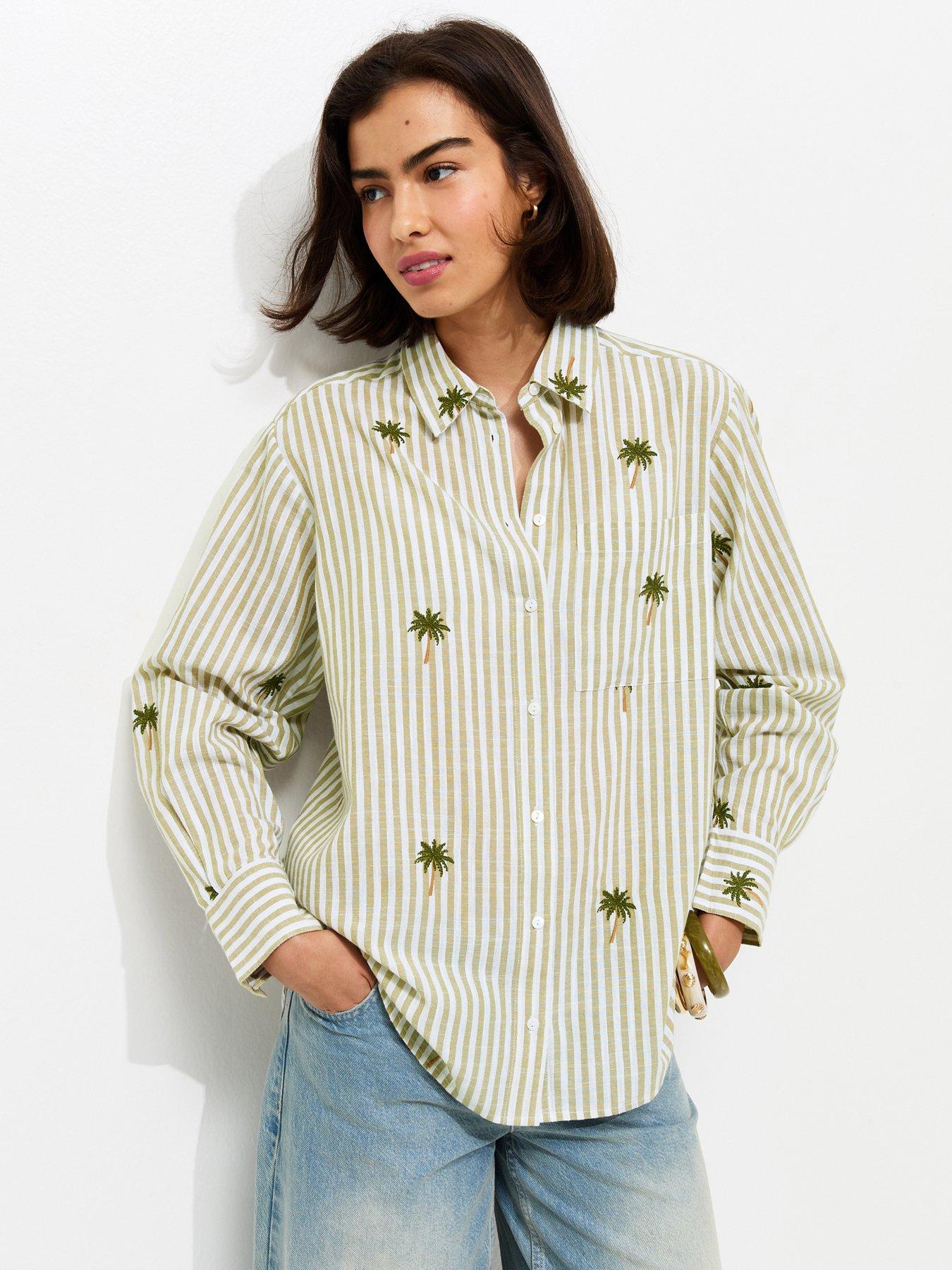 New Look Green Striped Palm Tree Embroidered Shirt