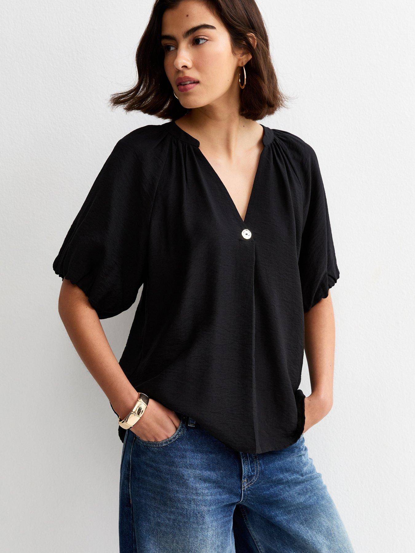 New Look Puff Sleeve V-Neck Blouse - Black