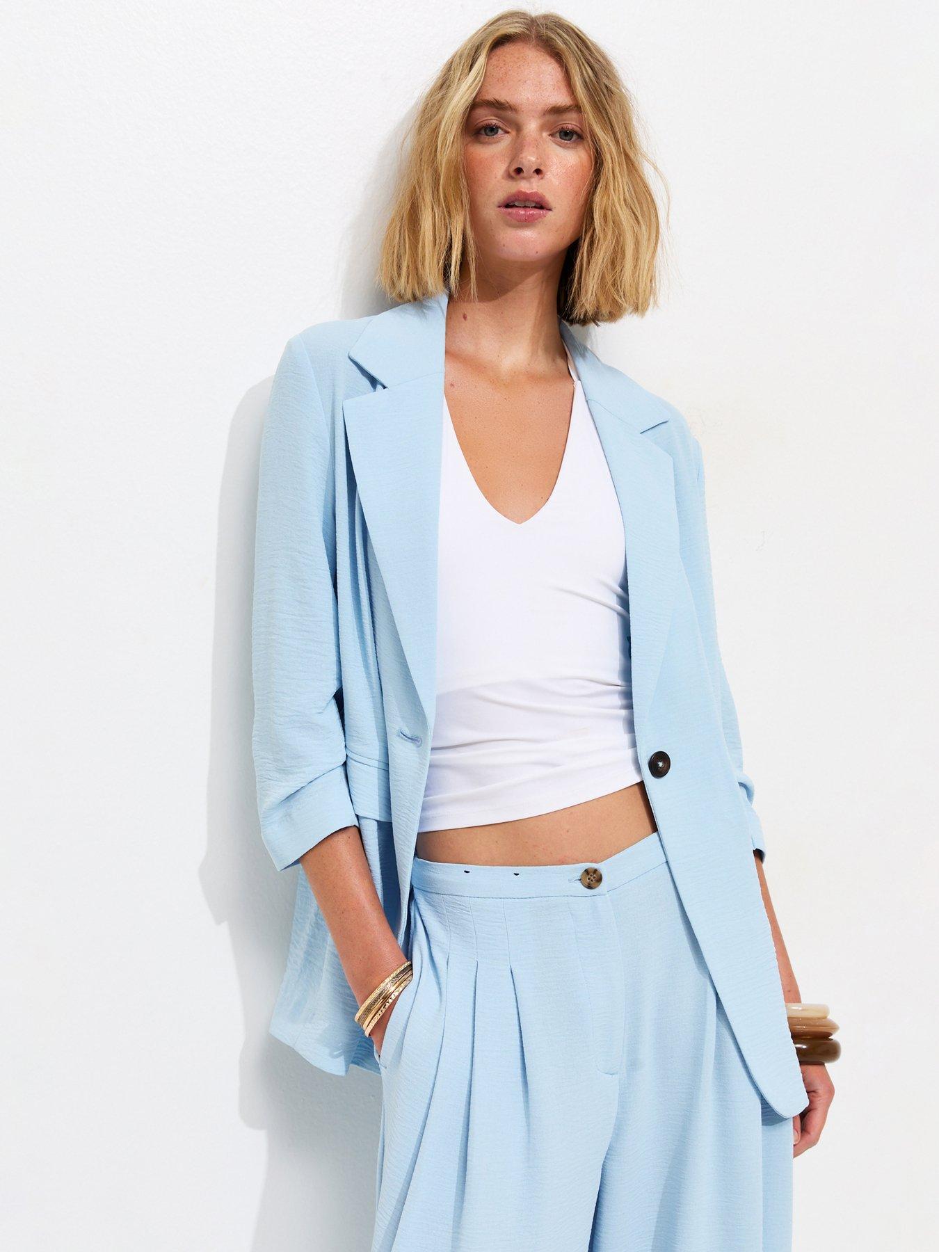 New Look Ruched 3/4 Sleeve Blazer - Light Blue
