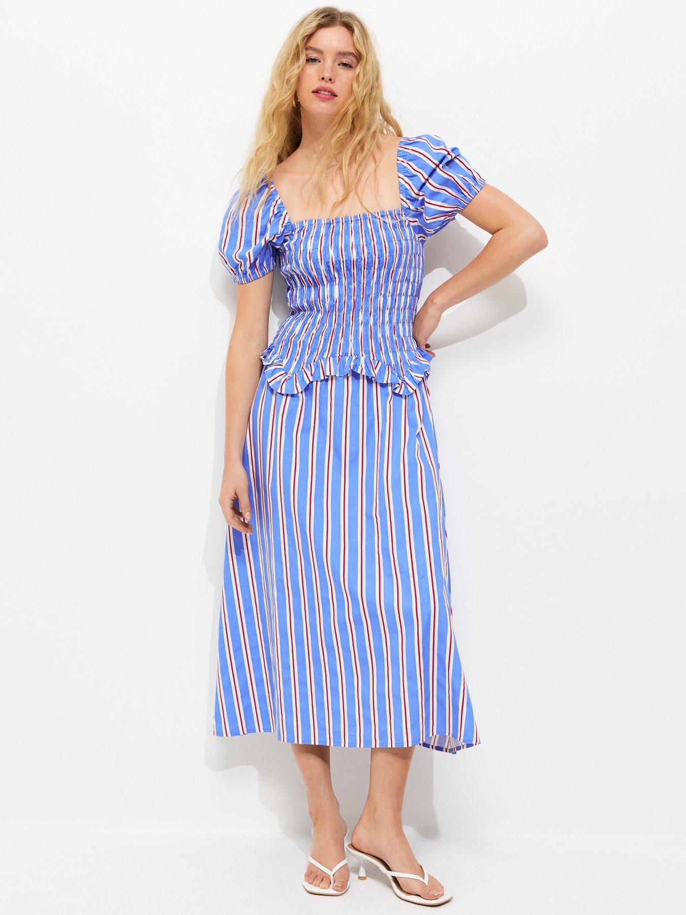 Image 1 of 5 of New Look Striped Shirred Dropped Waist Midi Dress - Blue