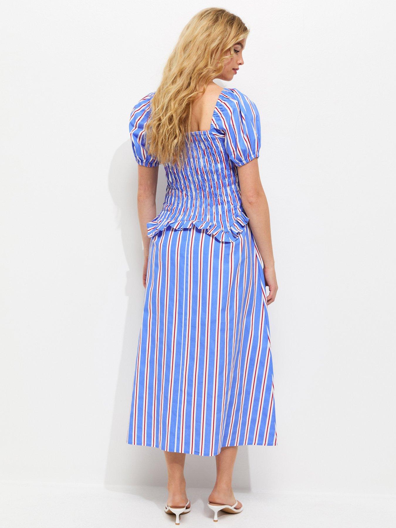 Image 2 of 5 of New Look Striped Shirred Dropped Waist Midi Dress - Blue
