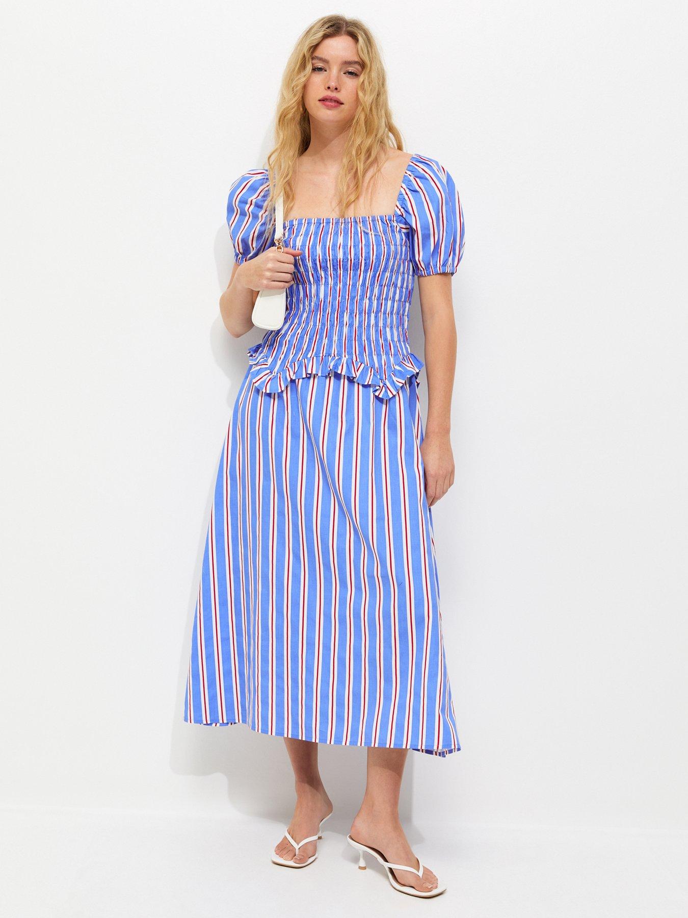Image 3 of 5 of New Look Striped Shirred Dropped Waist Midi Dress - Blue