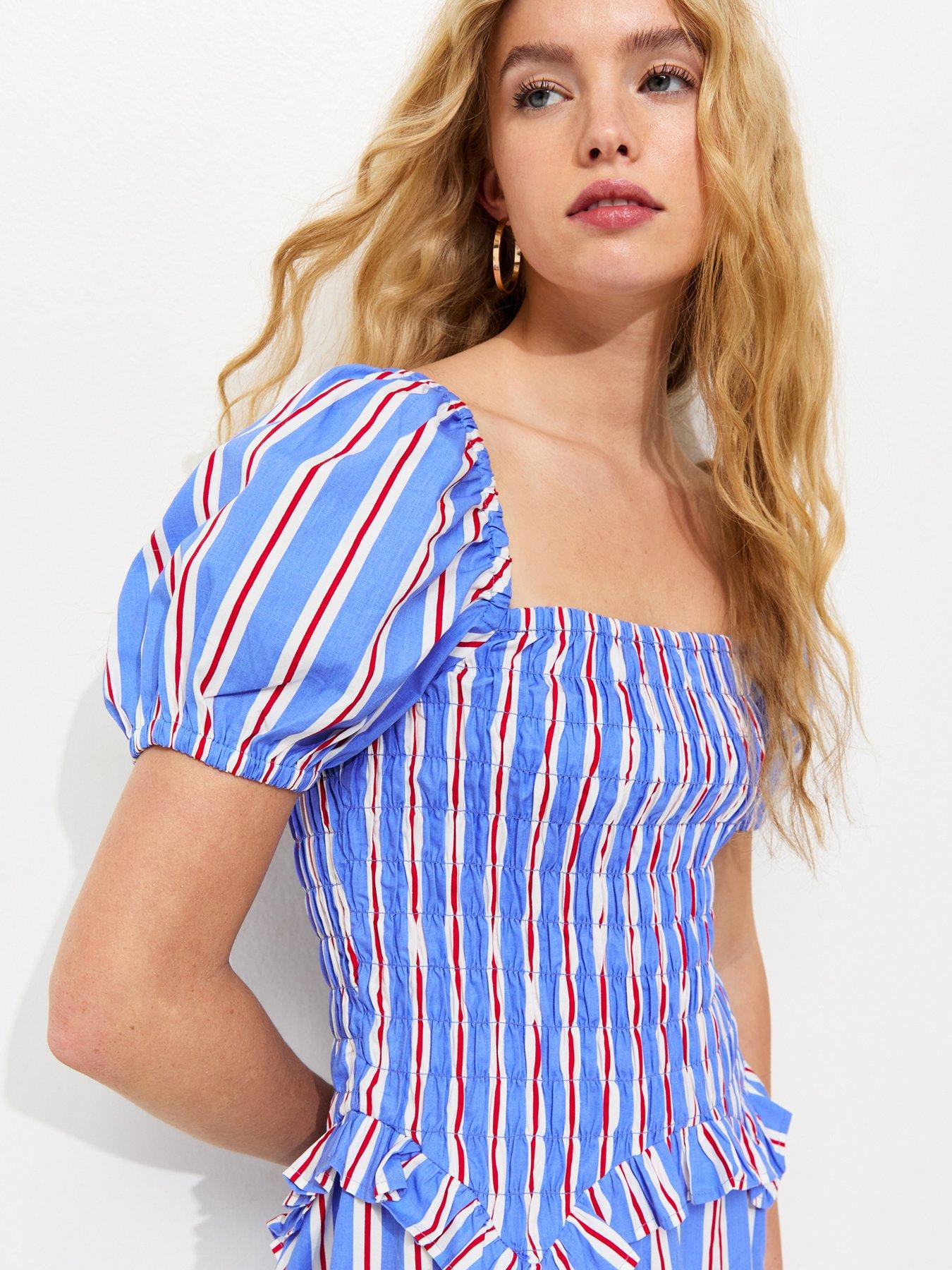 Image 4 of 5 of New Look Striped Shirred Dropped Waist Midi Dress - Blue