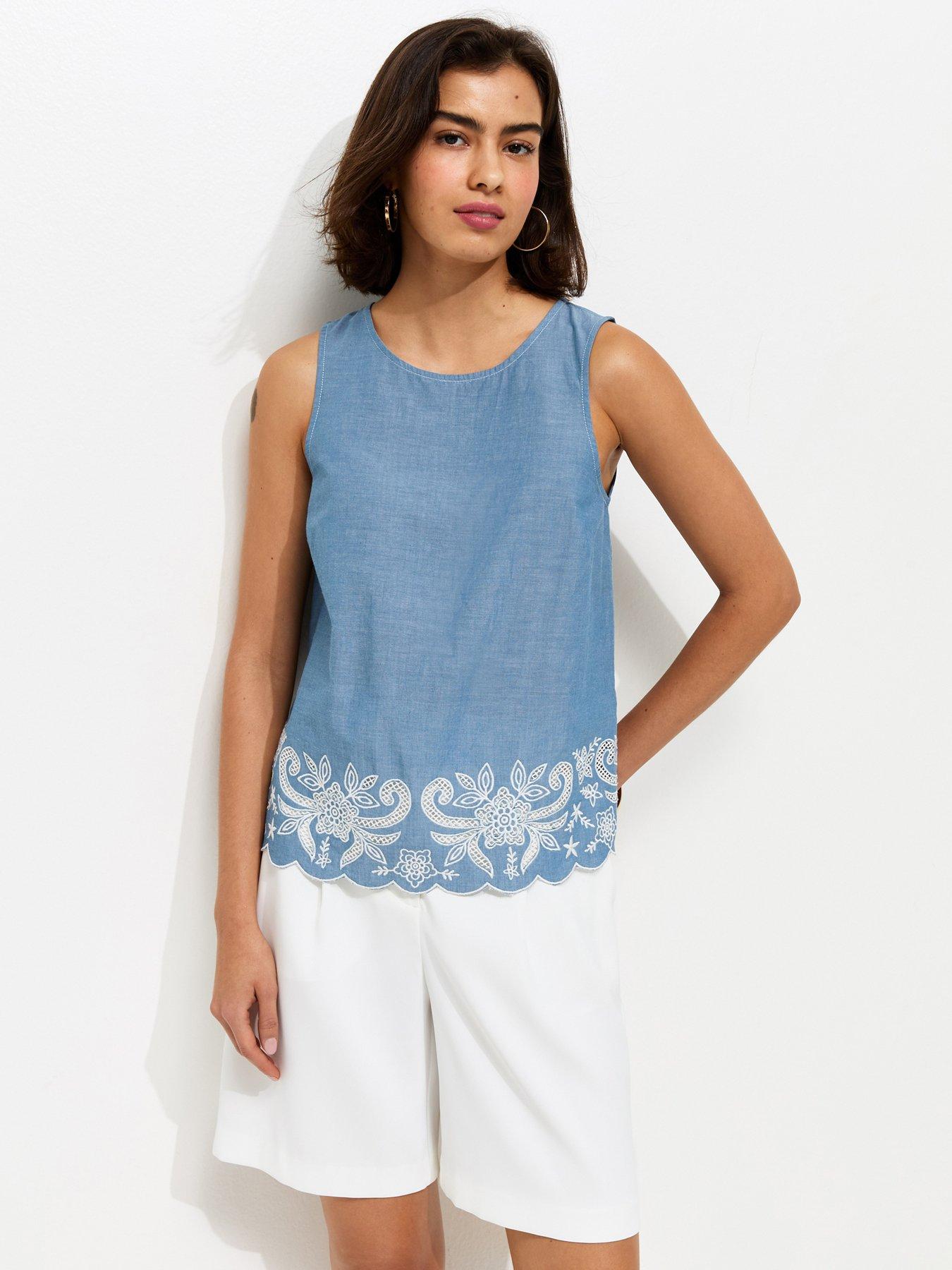 Image 1 of 5 of New Look Embroidered Hem Sleeveless Co-ord Top - Blue