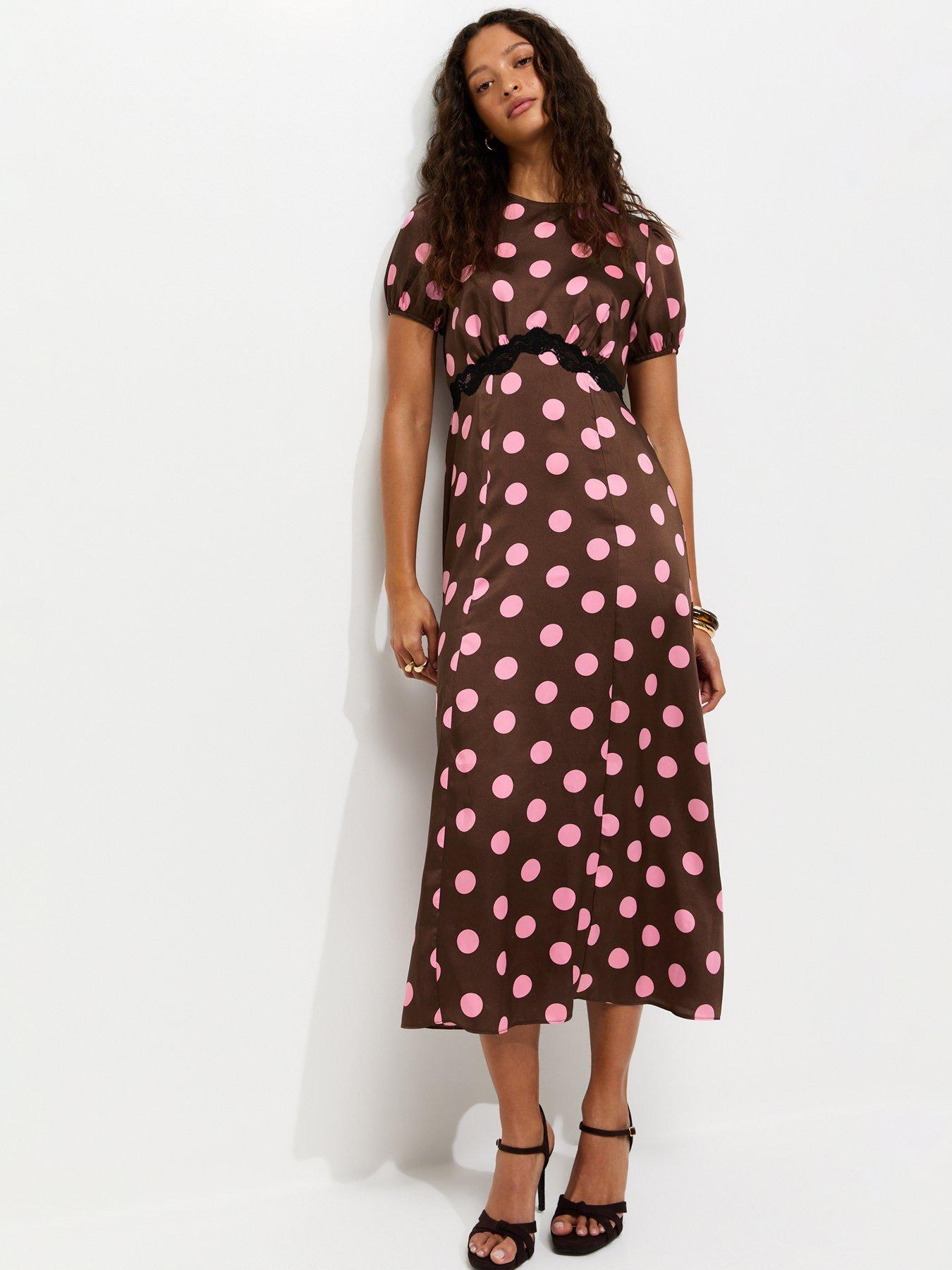New Look Satin Polka Dot Puff Sleeve Midi Dress - Brown