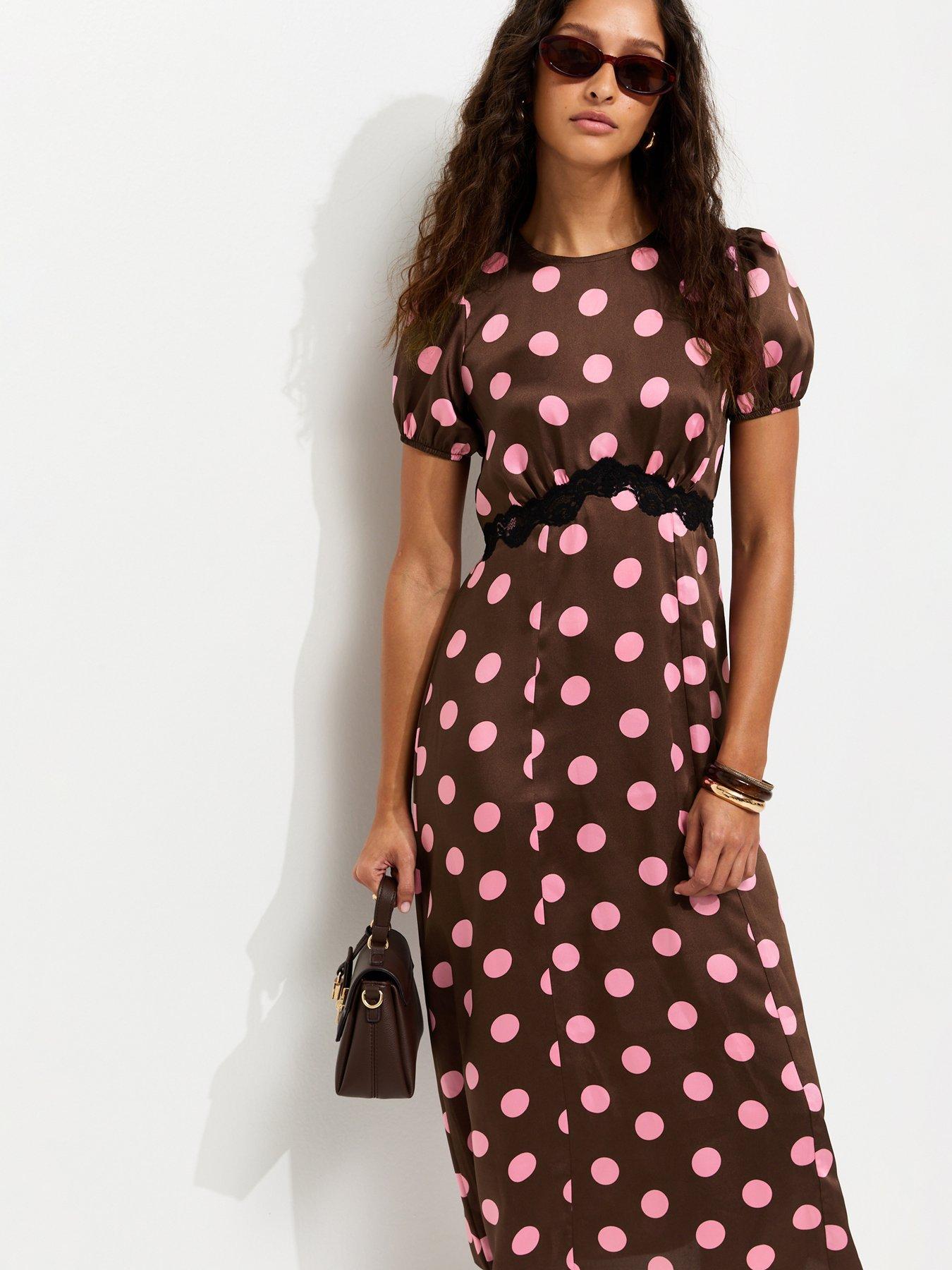 New Look Satin Polka Dot Puff Sleeve Midi Dress - Brown | Very
