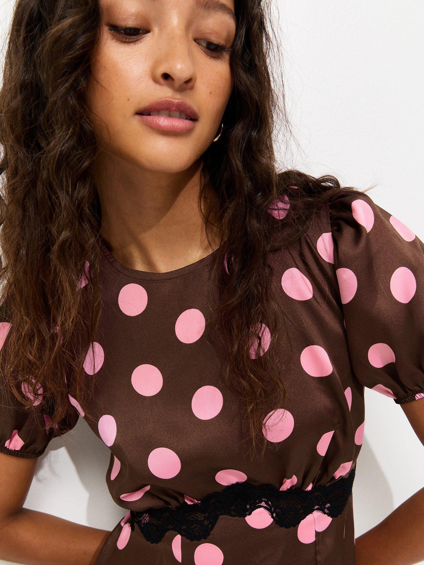New Look Satin Polka Dot Puff Sleeve Midi Dress - Brown | Very