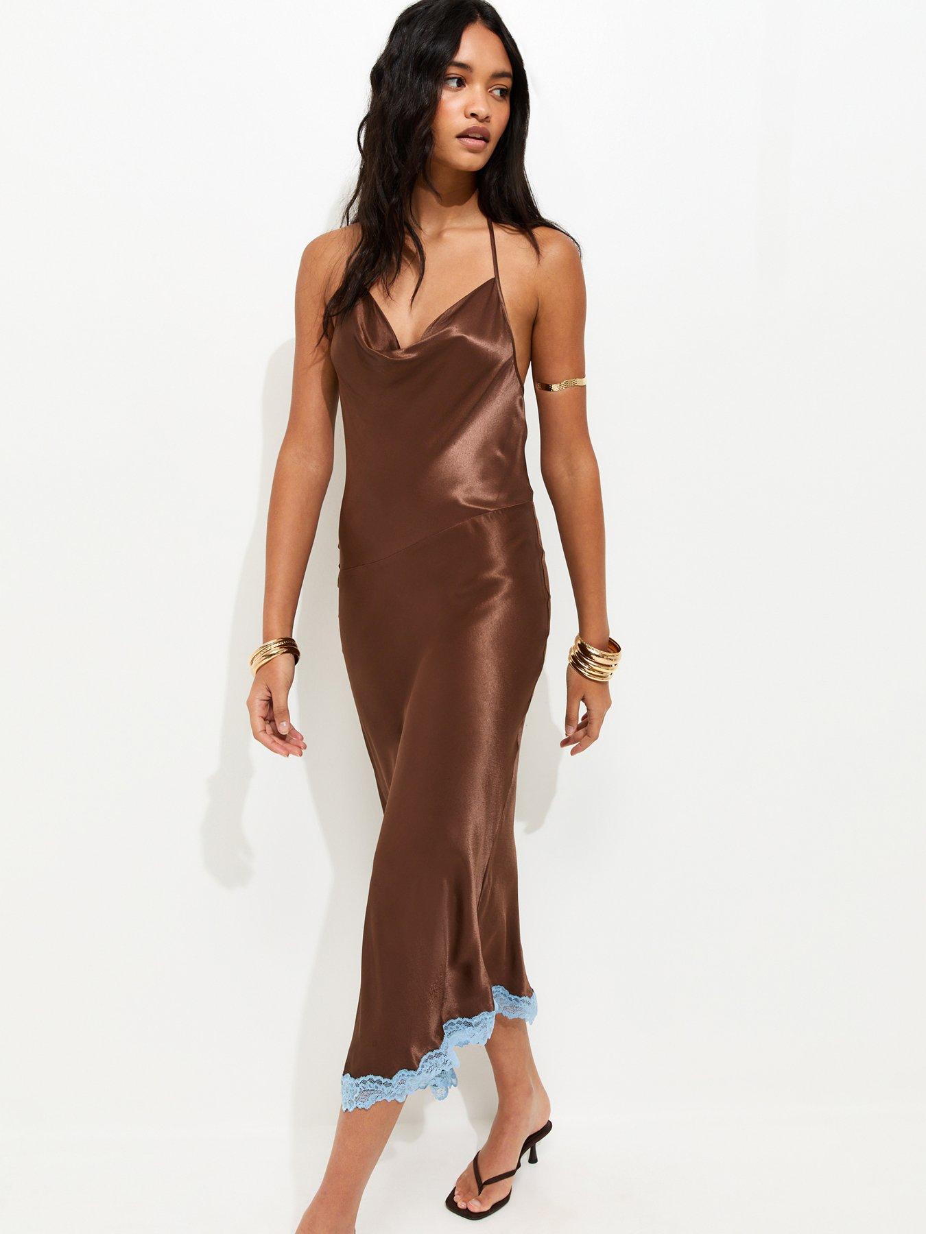 New Look Dark Brown Halterneck Lace Trim Asymmetric Midi Dress