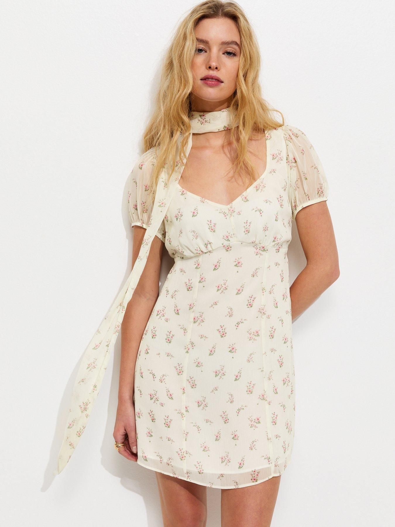 New Look: Chiffon Floral Mini Dress With Scarf - Cream