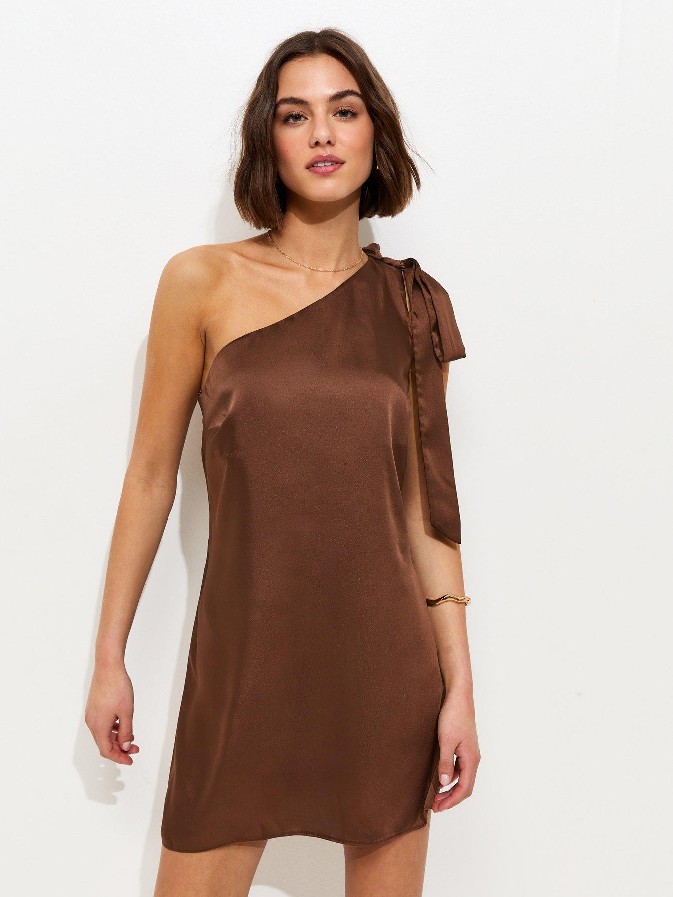 New Look: Satin One Shoulder Mini Dress - Dark Brown