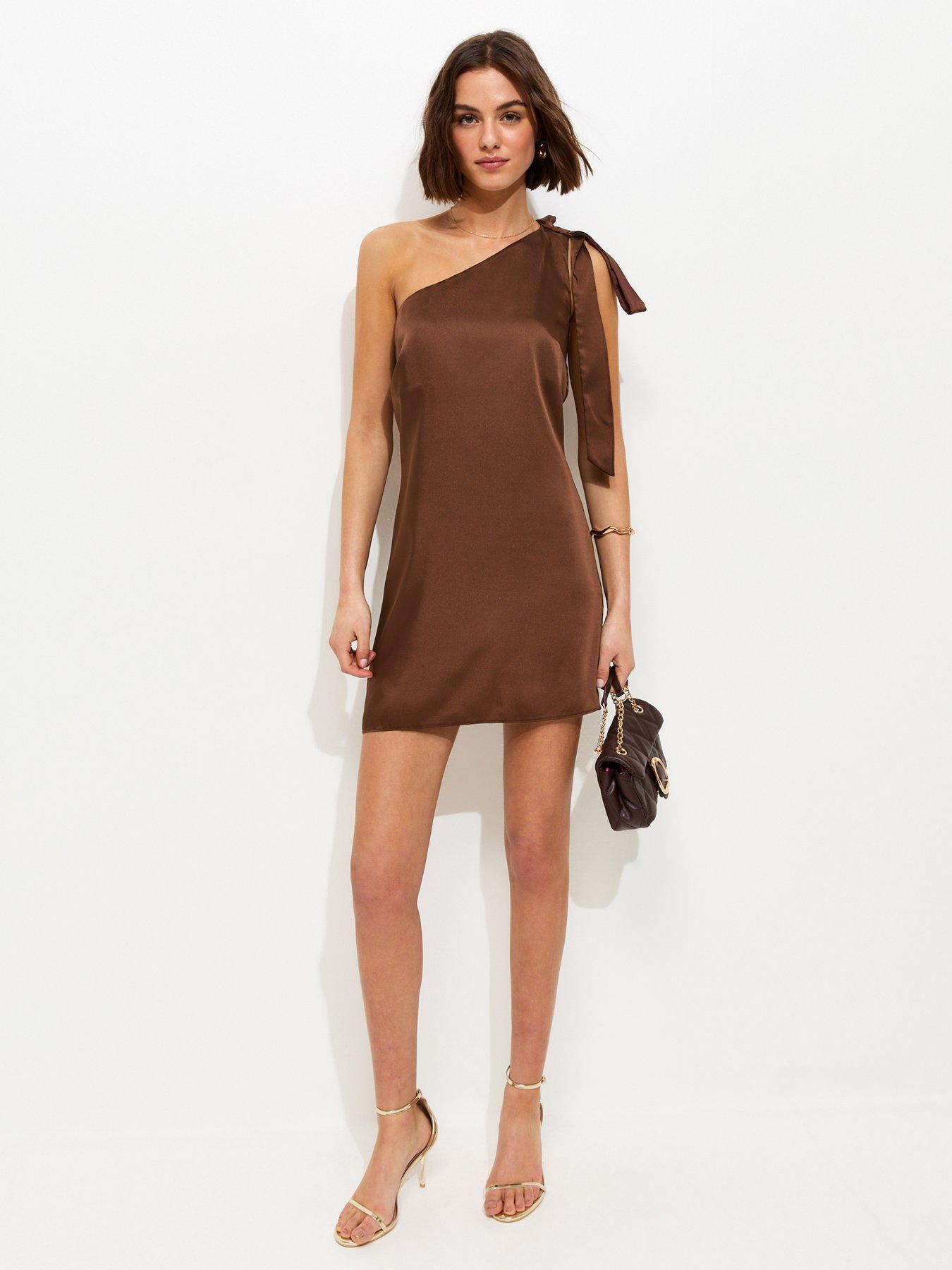 New Look Satin One Shoulder Mini Dress - Dark Brown