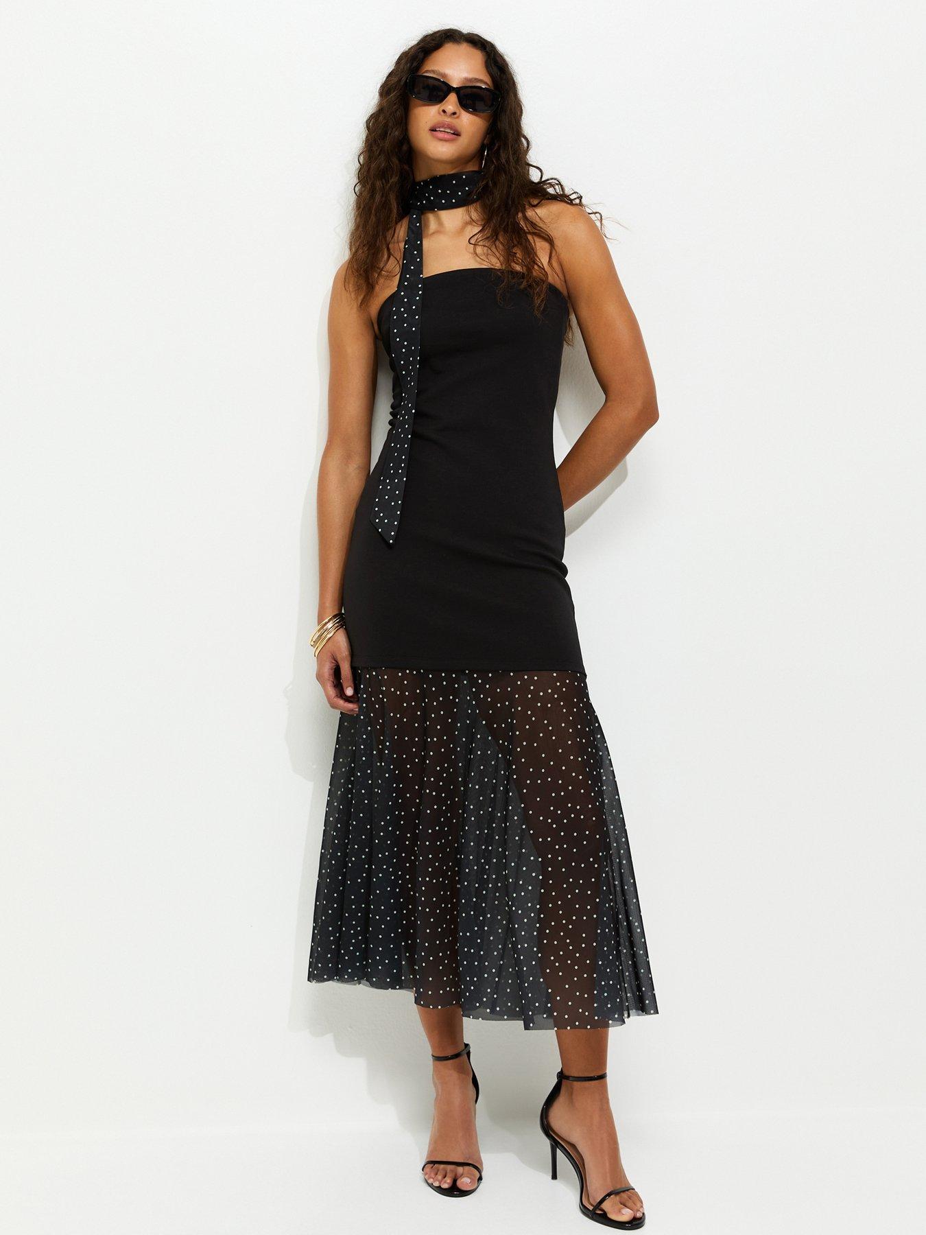 Image 3 of 6 of New Look Polka Dot Bandeau Midi Dress With Scarf - Black