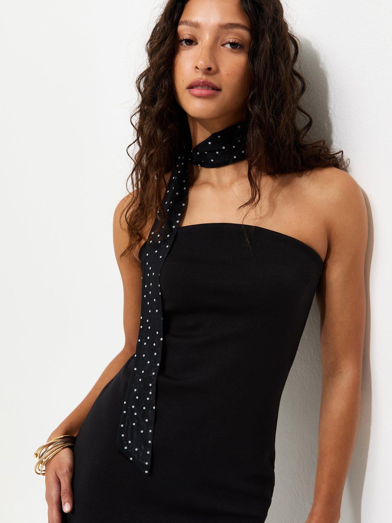 Image 5 of 6 of New Look Polka Dot Bandeau Midi Dress With Scarf - Black