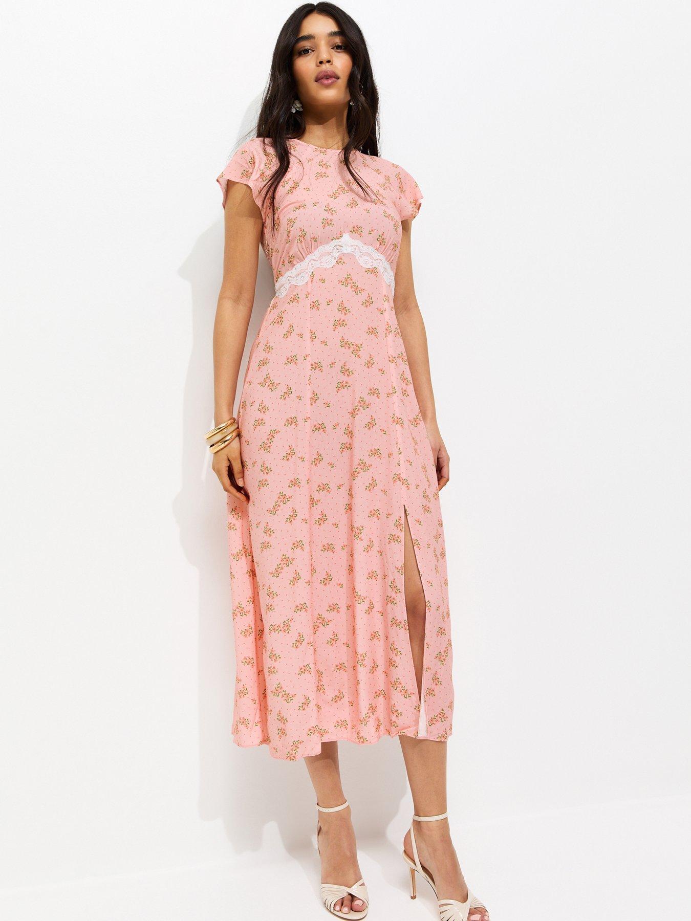 New Look: Floral Lace Waist Midi Dress - Pink
