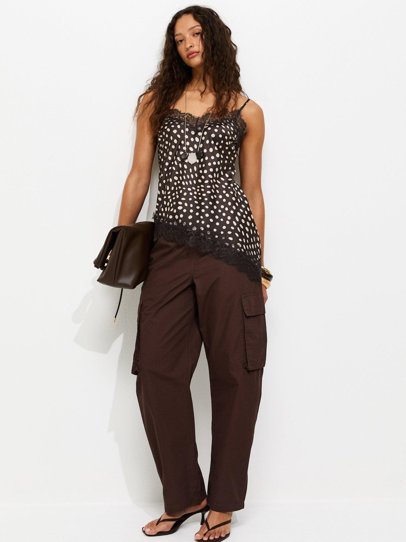 Image 3 of 6 of New Look Spotty Asymmetric Lace Hem Cami Top - Brown