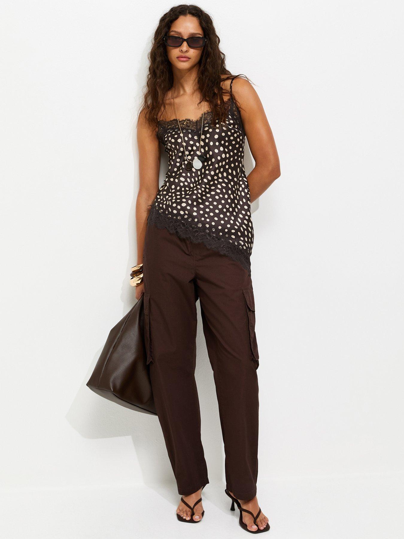 Image 4 of 6 of New Look Spotty Asymmetric Lace Hem Cami Top - Brown