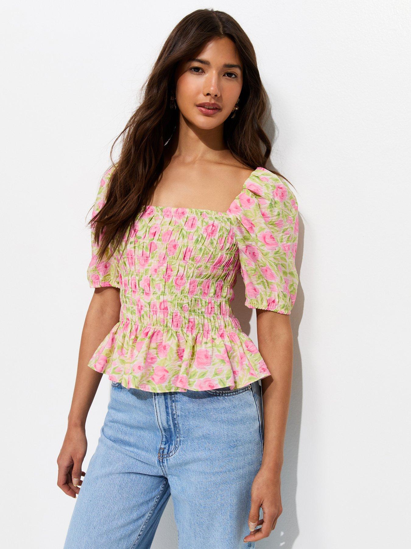 New Look Rose Print Shirred Puff Sleeve Top - Pink | Very
