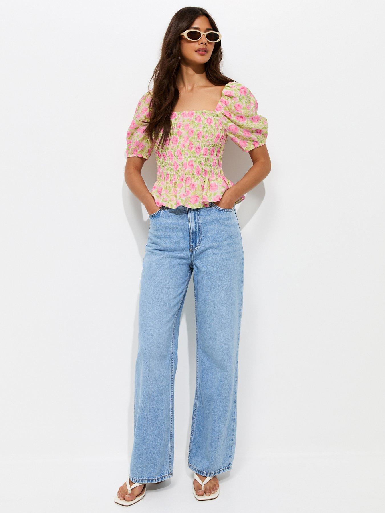 New Look Rose Print Shirred Puff Sleeve Top - Pink | Very