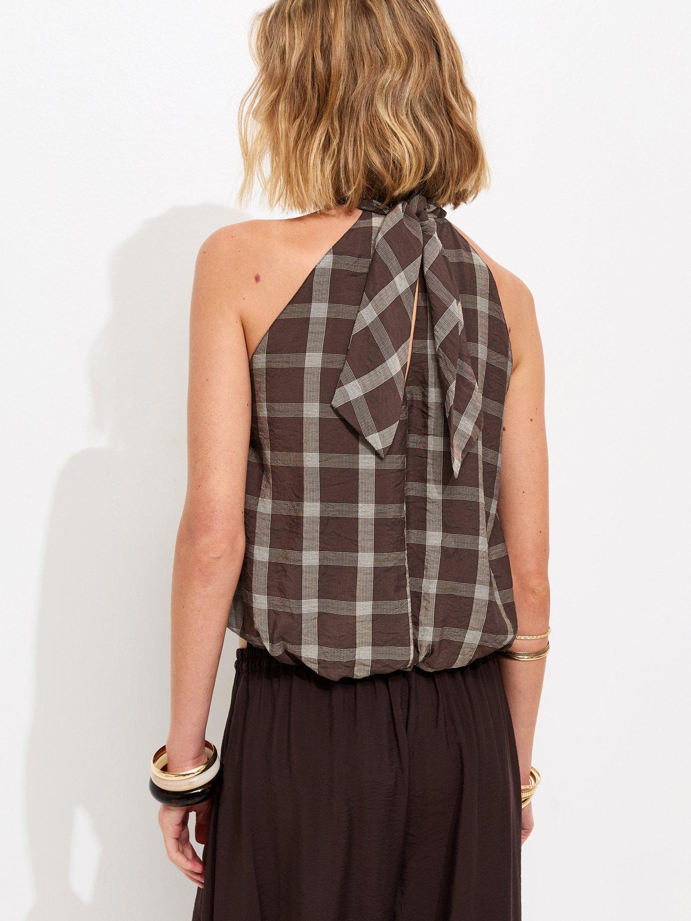 Image 2 of 6 of New Look Check Print Bubble Hem Halterneck Top - Brown