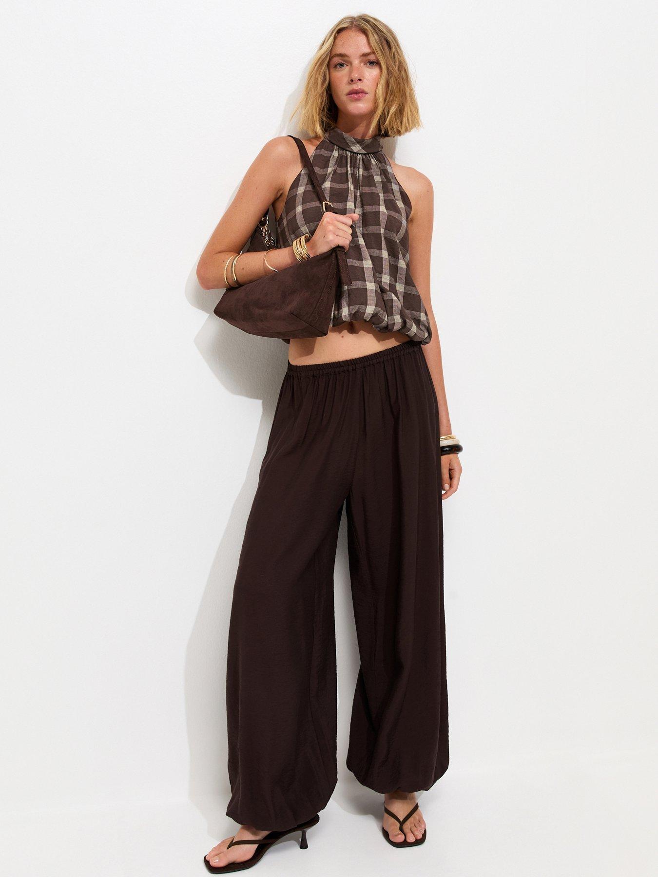Image 3 of 6 of New Look Check Print Bubble Hem Halterneck Top - Brown