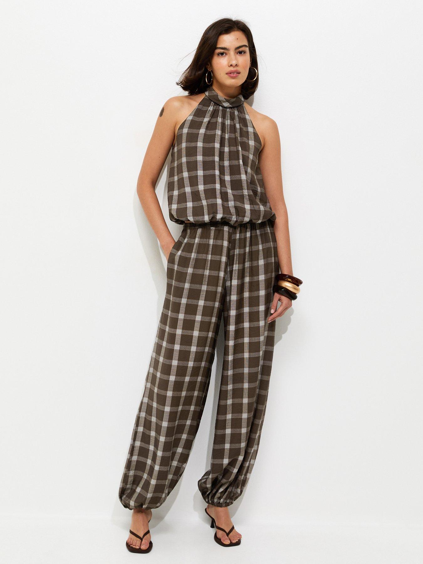 Image 4 of 6 of New Look Check Print Bubble Hem Halterneck Top - Brown