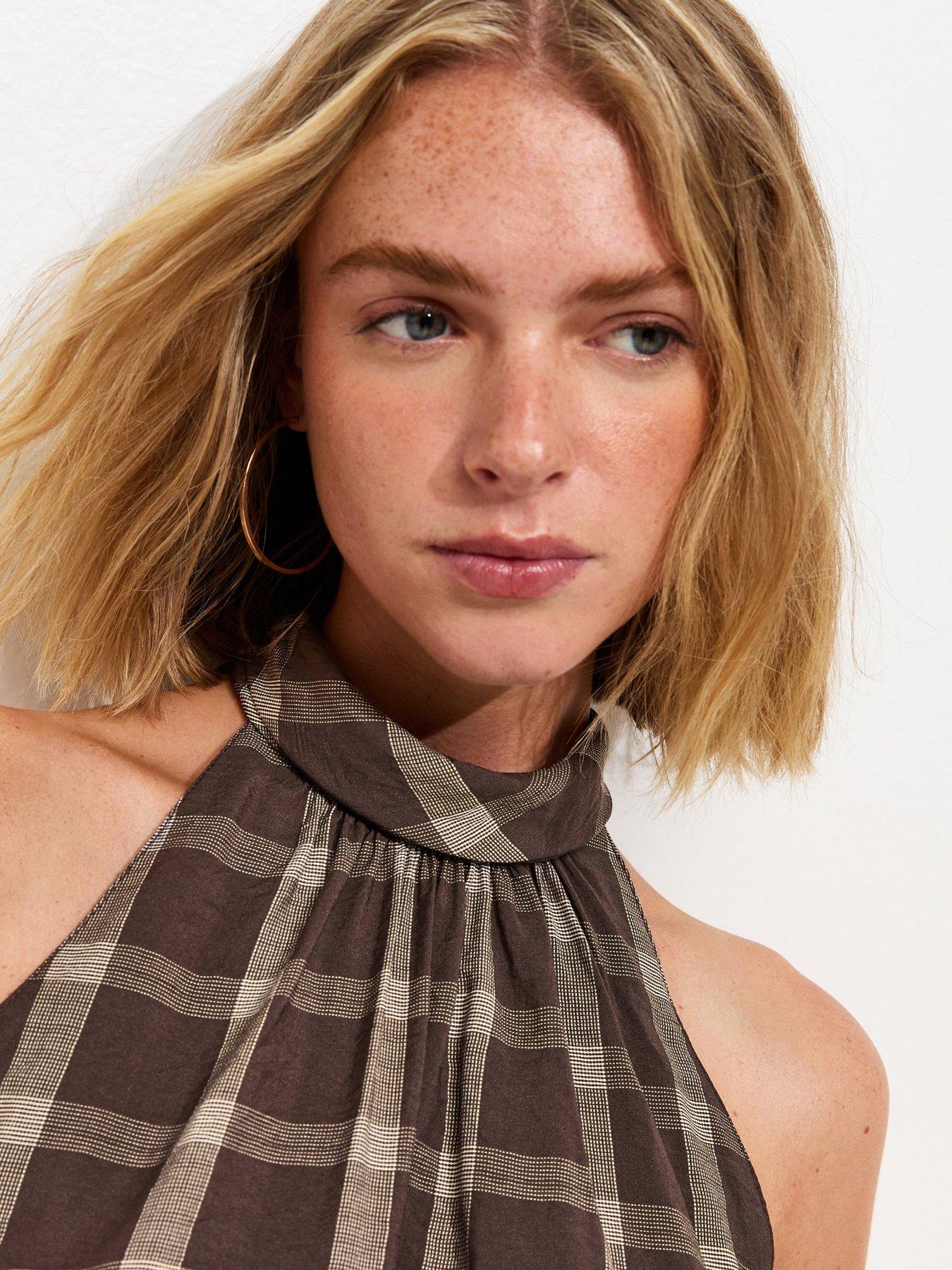 Image 5 of 6 of New Look Check Print Bubble Hem Halterneck Top - Brown