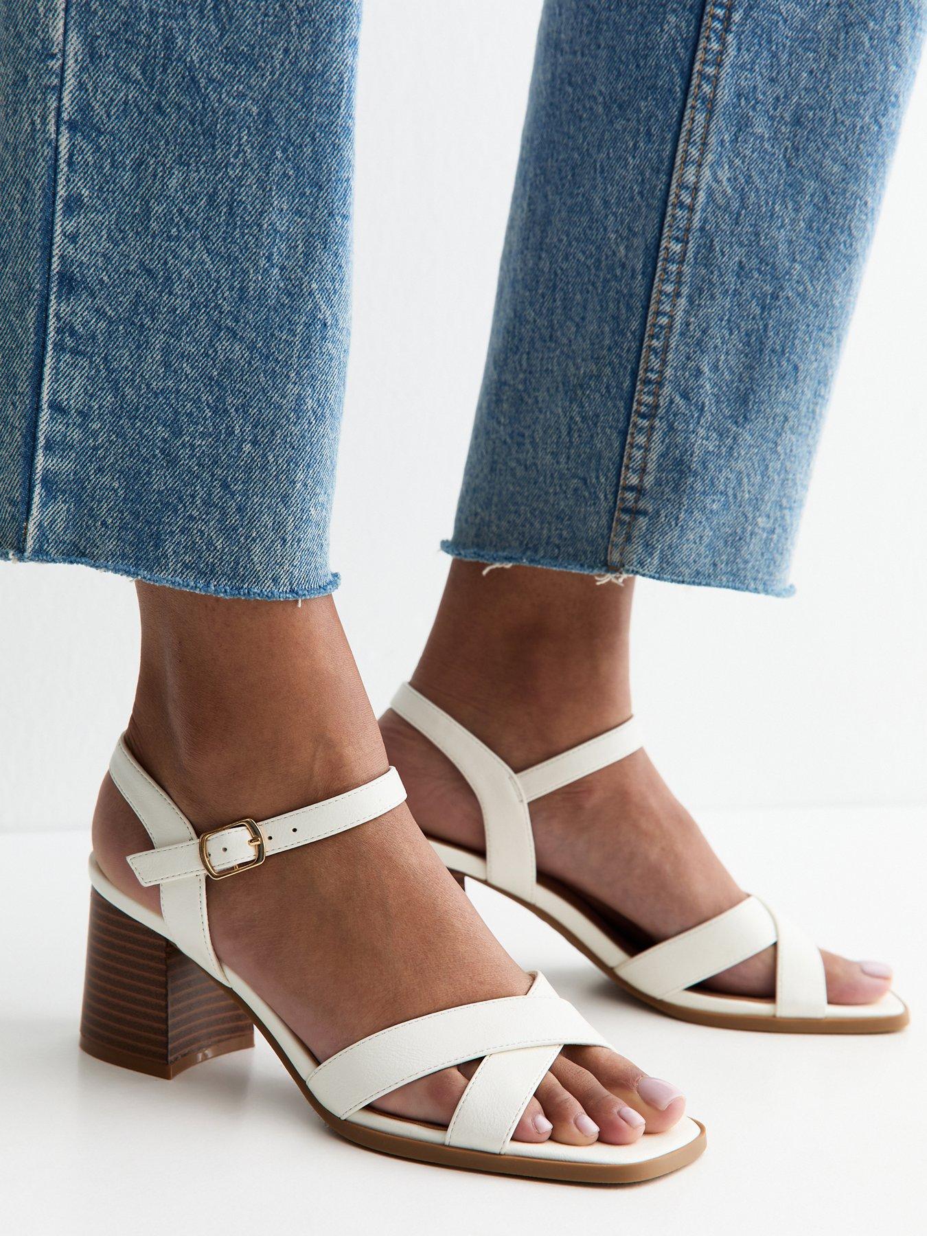 New Look: Faux Leather Block Heel Sandals - White
