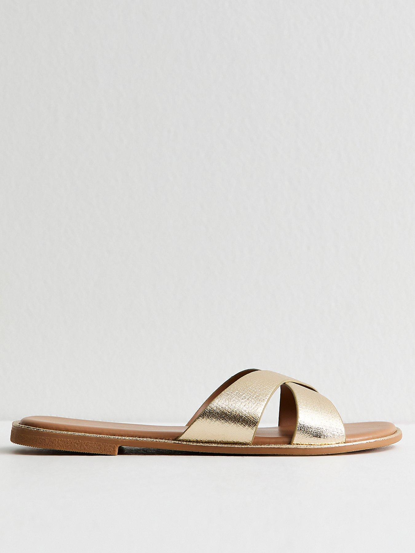 Image 2 of 5 of New Look Wide Fit Faux Leather Crossover Mule Sandals - Gold