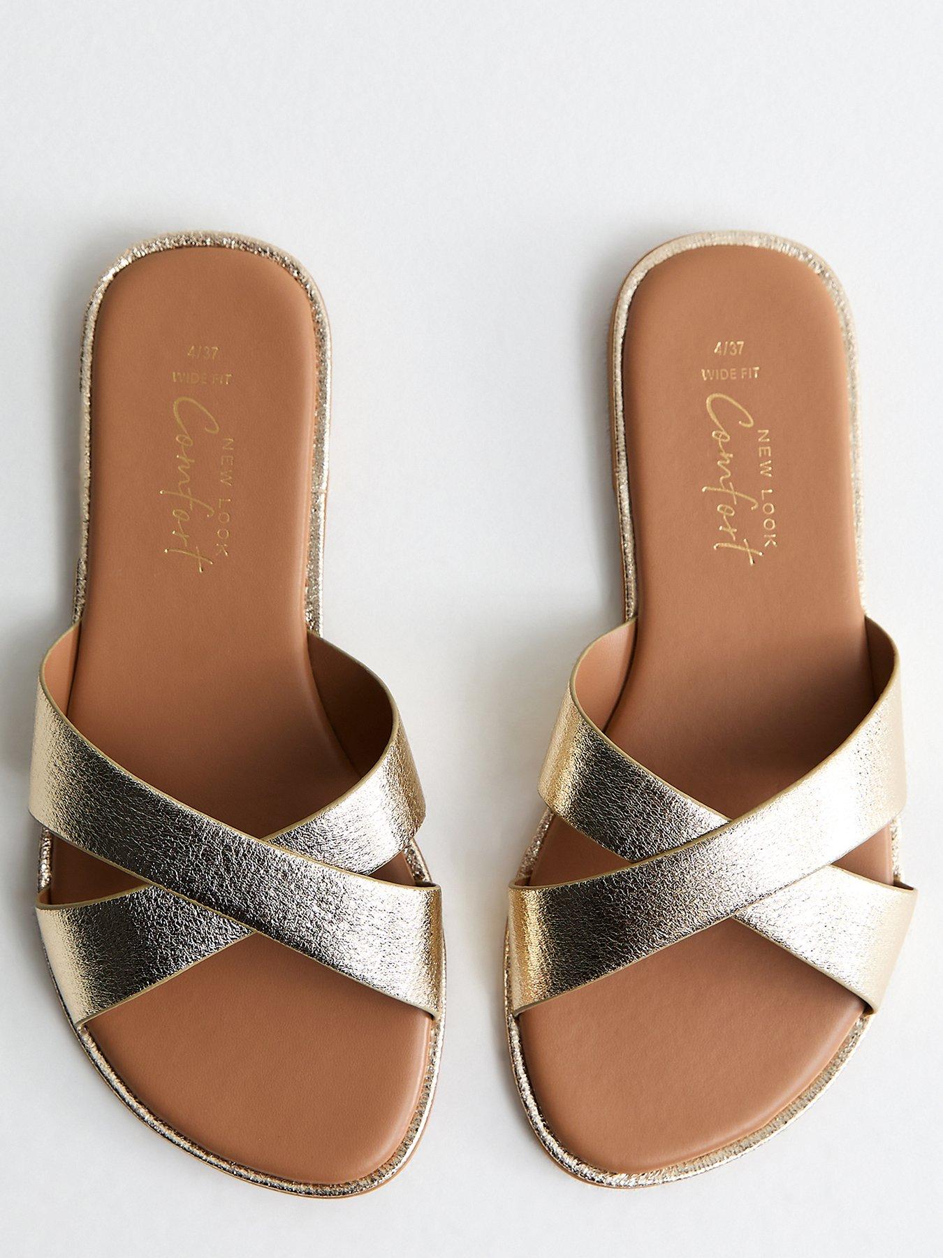 Image 4 of 5 of New Look Wide Fit Faux Leather Crossover Mule Sandals - Gold